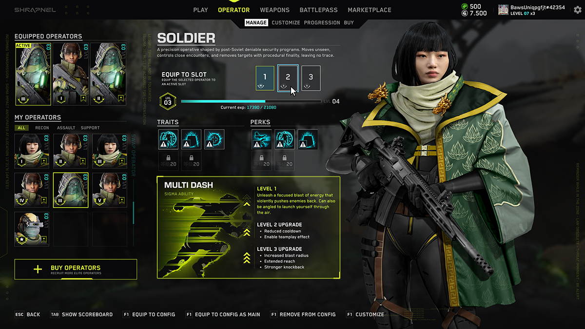 Shrapnel operator management screen showing in-game character customization, traits, perks, economy, and progression surfaces